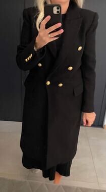 Zara Manteco Wool Blend Double Breasted Black Coat Gold Buttons Medium